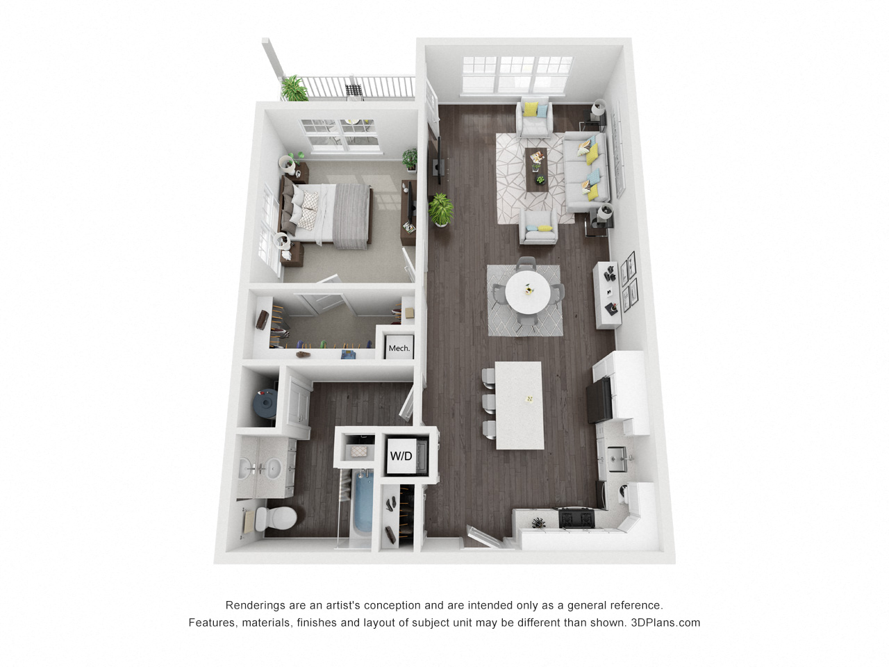 Floor plan for 1 bed, 1 bath, 889 sqft